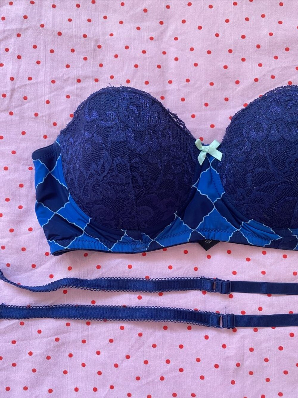 Vintage Cynthia Rowley Blue Geometric & Lace Convertible Strapless Bra 36B